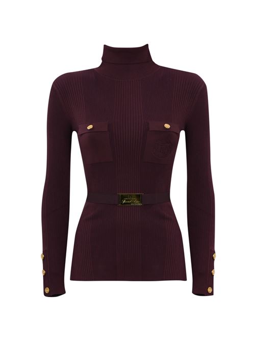 Dolcevita in maglia di viscosa e seta rouge noir con cintura e ricamo logo Elisabetta Franchi | MK11B46E2CG3